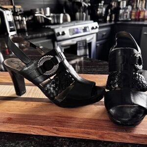 Brighton Heeled Sandals in Smooth & Woven Black Leather with Silver Accents